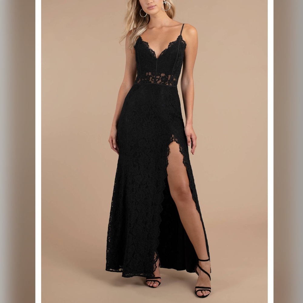 Delaney Side Slit Lace Maxi Dress In black